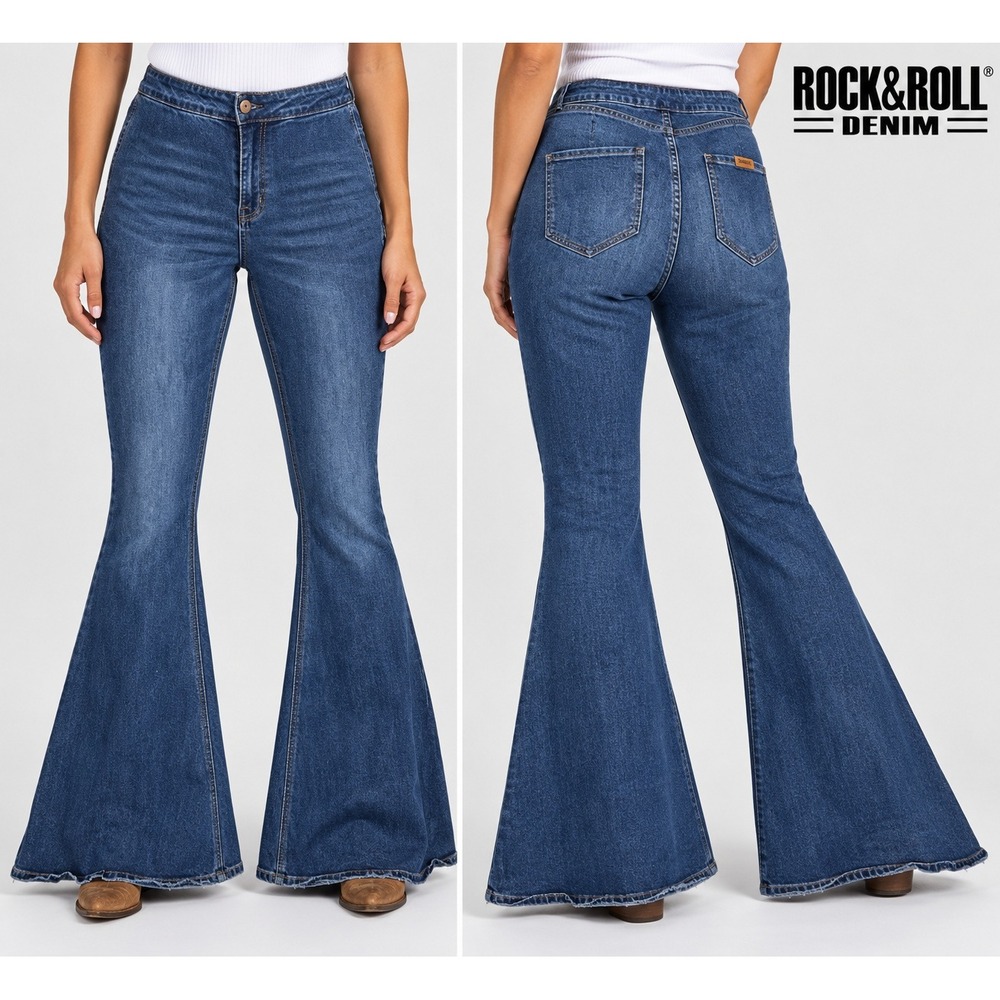 Rock & Roll Denim Jeans Womens 32x34 Bargain Button Bell High Rise Flare Blue